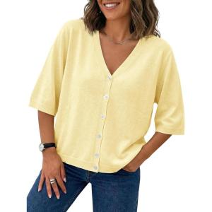 Saodimallsu Womens Half Short Sleeve Cardigans Summer Lightweight Knit V Neck Button Down Casual Sweater Tops(Yellow)