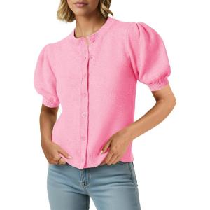 Saodimallsu Womens Puff Short Sleeve Cardigans Casual Summer Button Down Lightweight Knit Crew Neck Sweater Tops(Pink)
