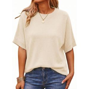 Saodimallsu Womens Short Batwing Sleeve Sweaters Oversized Crew Neck Casual Basic Knit Pullover Tops Shirt(Apricot)