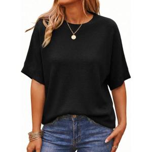 Saodimallsu Womens Short Batwing Sleeve Sweaters Oversized Crew Neck Casual Basic Knit Pullover Tops Shirt(Black)
