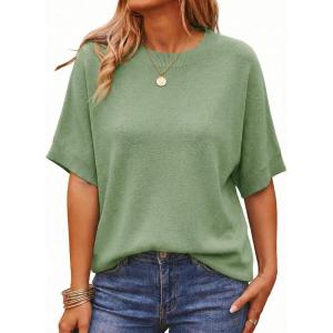 Saodimallsu Womens Short Batwing Sleeve Sweaters Oversized Crew Neck Casual Basic Knit Pullover Tops Shirt(Green)