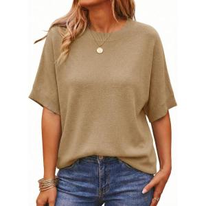 Saodimallsu Womens Short Batwing Sleeve Sweaters Oversized Crew Neck Casual Basic Knit Pullover Tops Shirt(Khaki)
