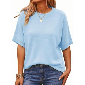 Saodimallsu Womens Short Batwing Sleeve Sweaters Oversized Crew Neck Casual Basic Knit Pullover Tops Shirt(Sky Blue)
