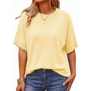 Saodimallsu Womens Short Batwing Sleeve Sweaters Oversized Crew Neck Casual Basic Knit Pullover Tops Shirt(Yellow)