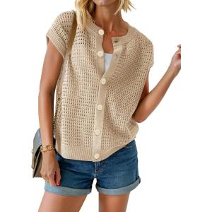 Saodimallsu Womens Short Cap Sleeve Sweater Vest Crochet Button Down Cardigans Crew Neck Summer Knit Tops(Apricot)