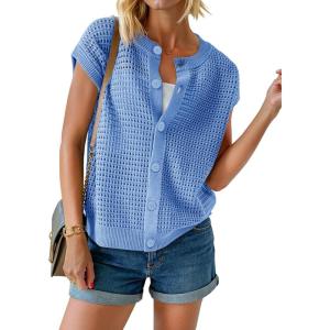 Saodimallsu Womens Short Cap Sleeve Sweater Vest Crochet Button Down Cardigans Crew Neck Summer Knit Tops(Blue)