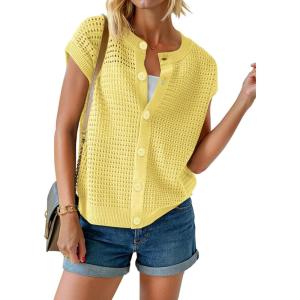 Saodimallsu Womens Short Cap Sleeve Sweater Vest Crochet Button Down Cardigans Crew Neck Summer Knit Tops(Yellow)