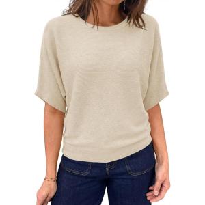 Saodimallsu Womens Short Sleeve Sweater Summer Batwing Trendy Casual Boat Neck Lightweight Loose Fitting Knit Tops(Apricot)