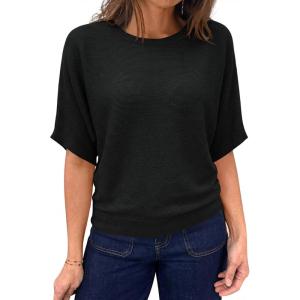 Saodimallsu Womens Short Sleeve Sweater Summer Batwing Trendy Casual Boat Neck Lightweight Loose Fitting Knit Tops(Black)