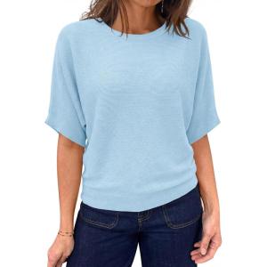 Saodimallsu Womens Short Sleeve Sweater Summer Batwing Trendy Casual Boat Neck Lightweight Loose Fitting Knit Tops(Blue)