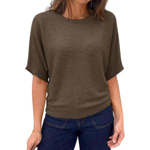 Saodimallsu Womens Short Sleeve Sweater Summer Batwing Trendy Casual Boat Neck Lightweight Loose Fitting Knit Tops(Coffee)