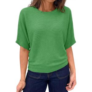 Saodimallsu Womens Short Sleeve Sweater Summer Batwing Trendy Casual Boat Neck Lightweight Loose Fitting Knit Tops(Green)