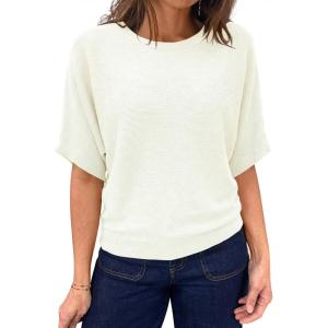 Saodimallsu Womens Short Sleeve Sweater Summer Batwing Trendy Casual Boat Neck Lightweight Loose Fitting Knit Tops(White)