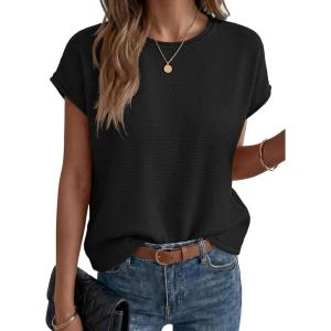 Saodimallsu Womens Summer Cap Sleeve Tops 2026 Waffle Knit Going Out Casual Loose Crew Neck Lightweight Sweater Vest(Black)
