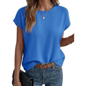 Saodimallsu Womens Summer Cap Sleeve Tops 2026 Waffle Knit Going Out Casual Loose Crew Neck Lightweight Sweater Vest(Blue)