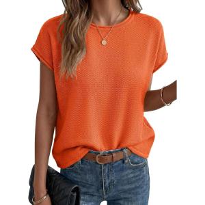 Saodimallsu Womens Summer Cap Sleeve Tops 2026 Waffle Knit Going Out Casual Loose Crew Neck Lightweight Sweater Vest(Orange)