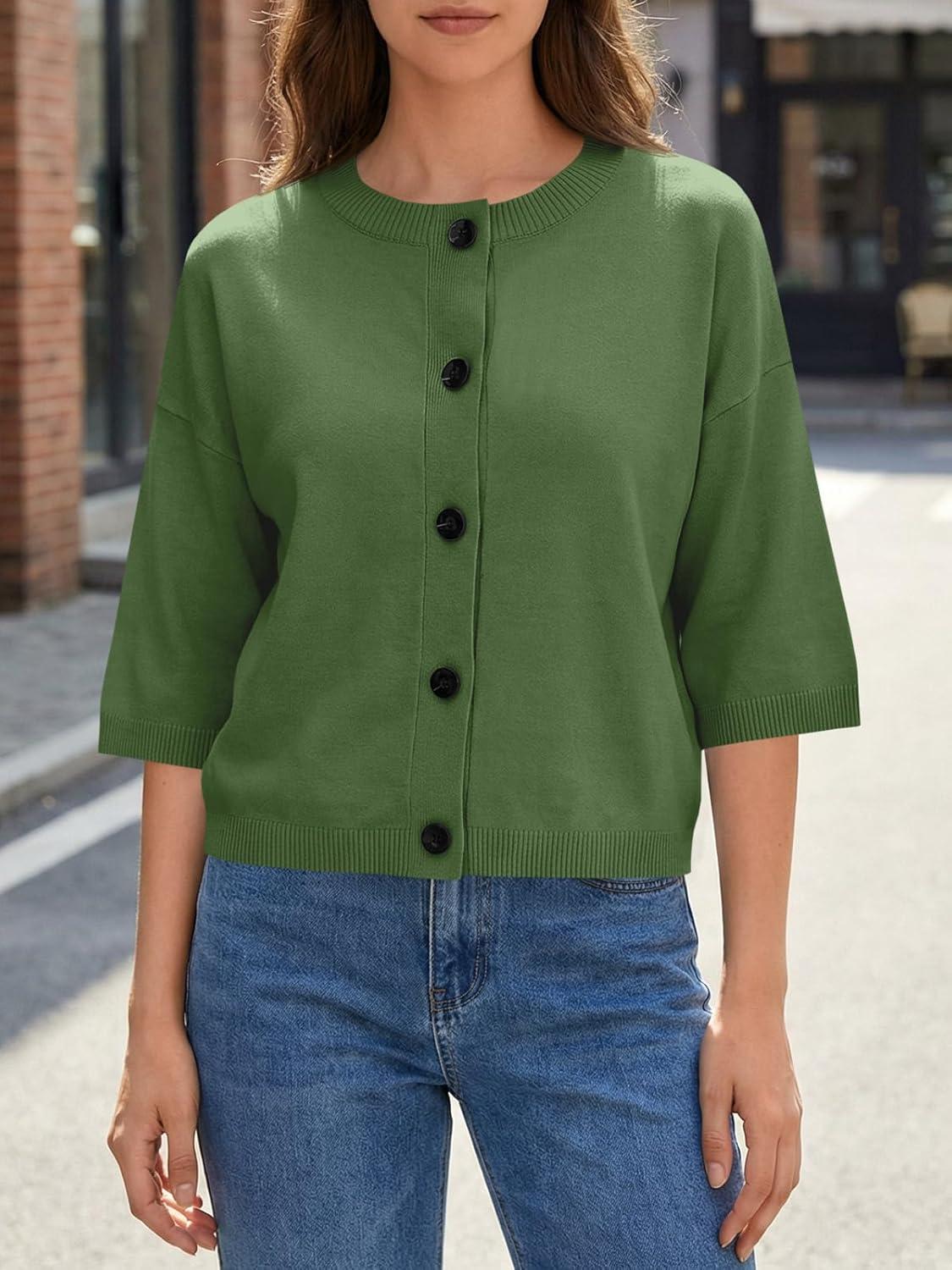 image:imageSaodimallsu Womens Short Sleeve Cardigan Sweaters Crew Neck Button Down Lightweight Casual Summer Knit TopsArmy Green