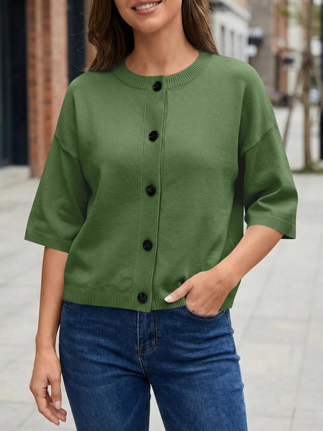 image:imageSaodimallsu Womens Short Sleeve Cardigan Sweaters Crew Neck Button Down Lightweight Casual Summer Knit TopsArmy Green