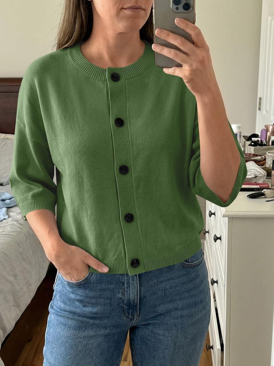 image:imageSaodimallsu Womens Short Sleeve Cardigan Sweaters Crew Neck Button Down Lightweight Casual Summer Knit TopsArmy Green