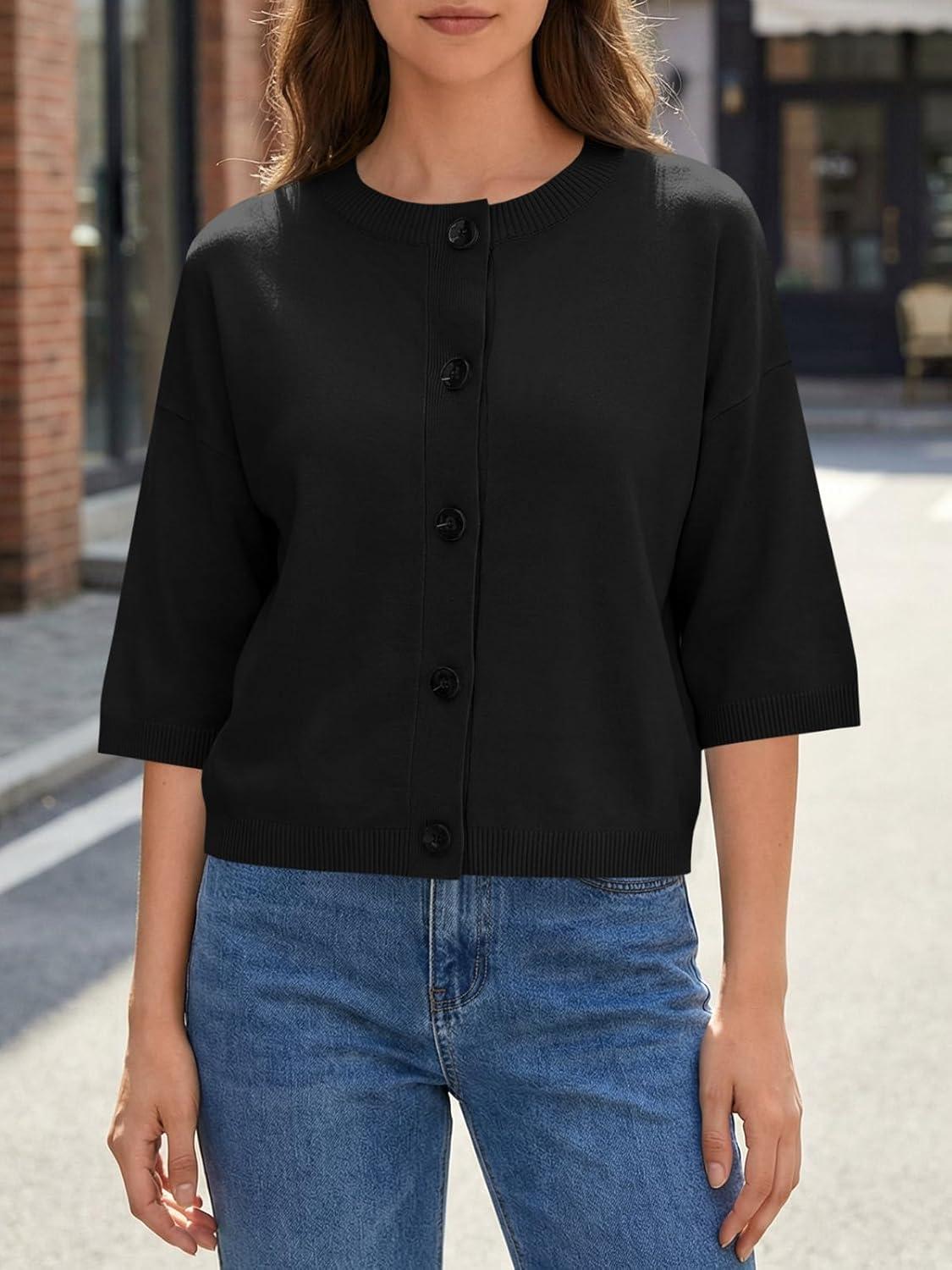 image:imageSaodimallsu Womens Short Sleeve Cardigan Sweaters Crew Neck Button Down Lightweight Casual Summer Knit TopsBlack