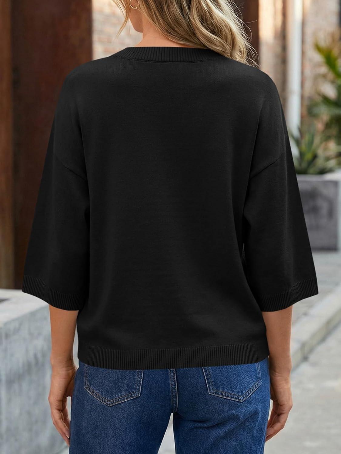 image:imageSaodimallsu Womens Short Sleeve Cardigan Sweaters Crew Neck Button Down Lightweight Casual Summer Knit TopsBlack