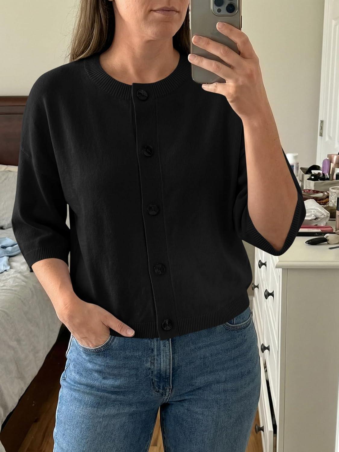 image:imageSaodimallsu Womens Short Sleeve Cardigan Sweaters Crew Neck Button Down Lightweight Casual Summer Knit TopsBlack
