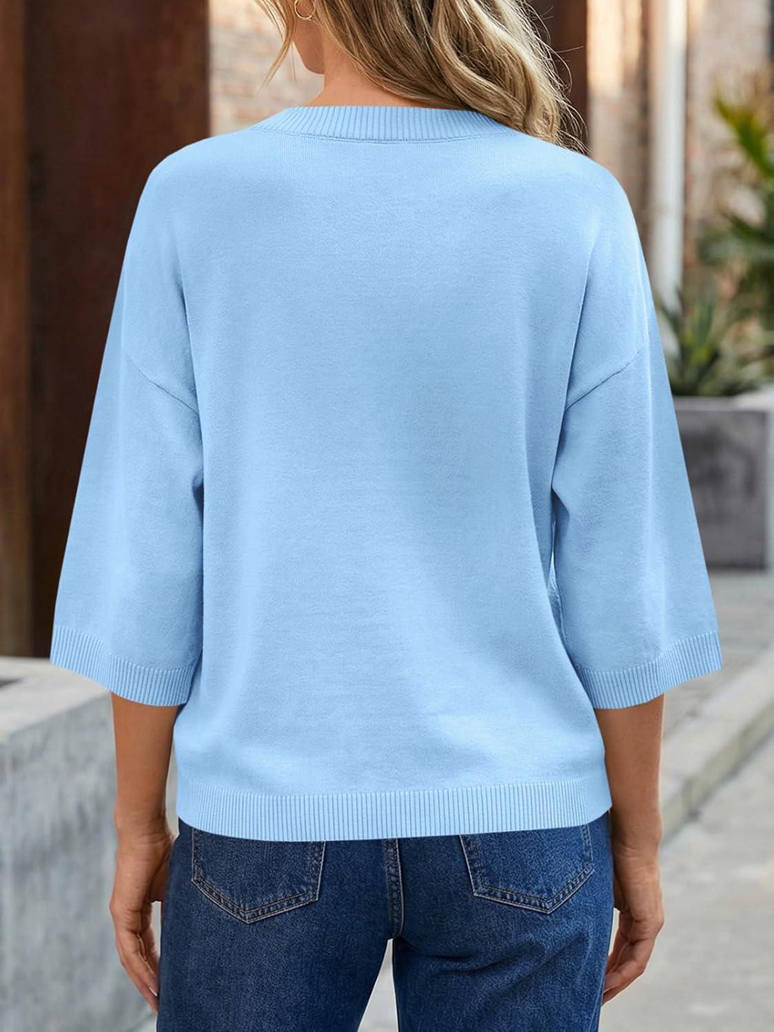 image:imageSaodimallsu Womens Short Sleeve Cardigan Sweaters Crew Neck Button Down Lightweight Casual Summer Knit TopsBlue