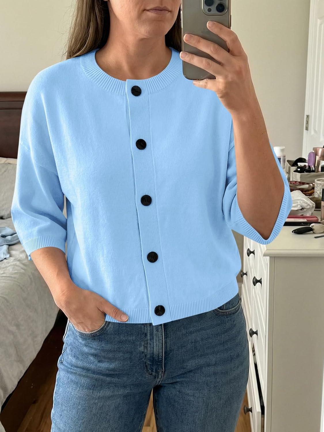 image:imageSaodimallsu Womens Short Sleeve Cardigan Sweaters Crew Neck Button Down Lightweight Casual Summer Knit TopsBlue