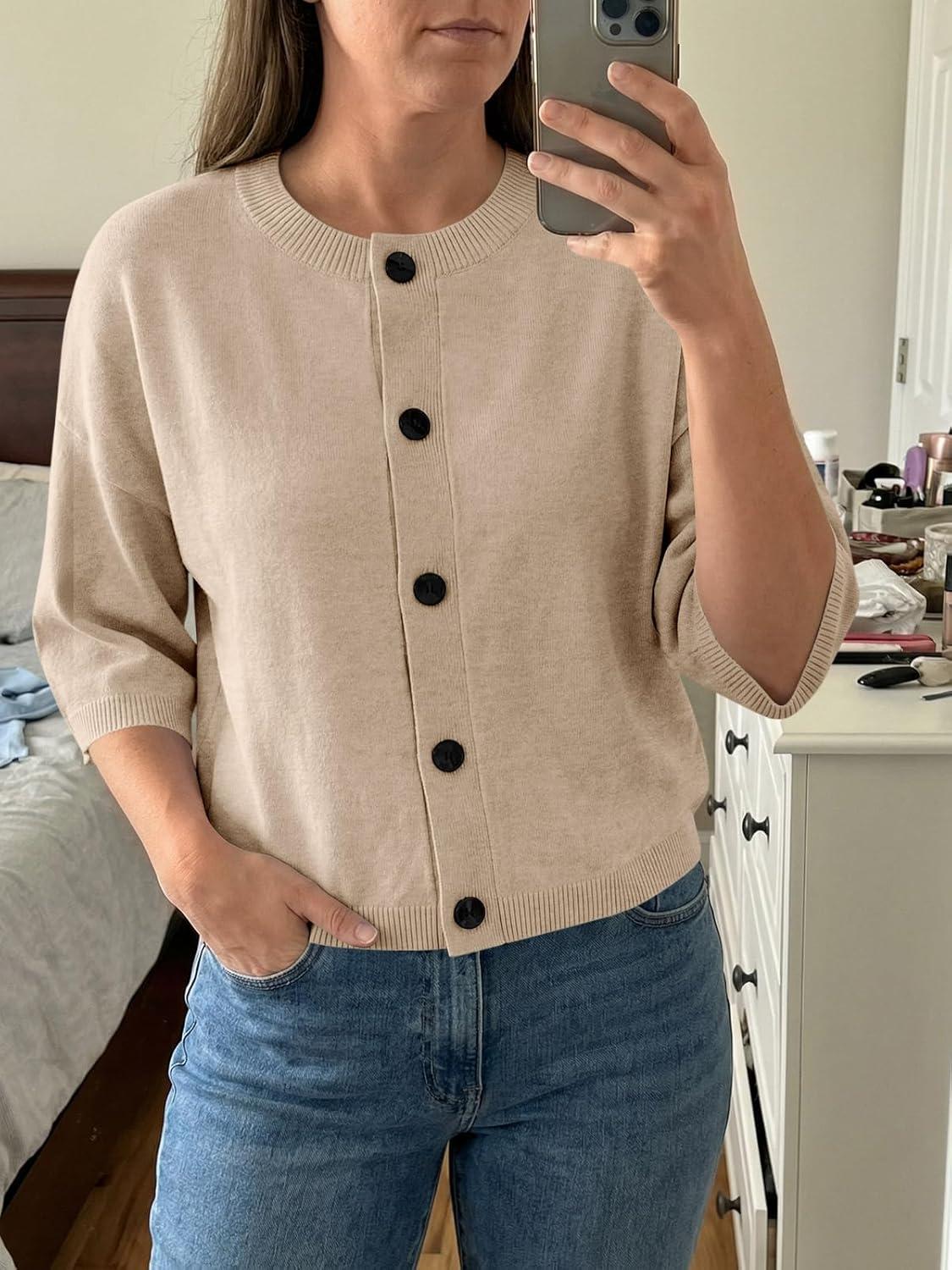 image:imageSaodimallsu Womens Short Sleeve Cardigan Sweaters Crew Neck Button Down Lightweight Casual Summer Knit TopsKhaki