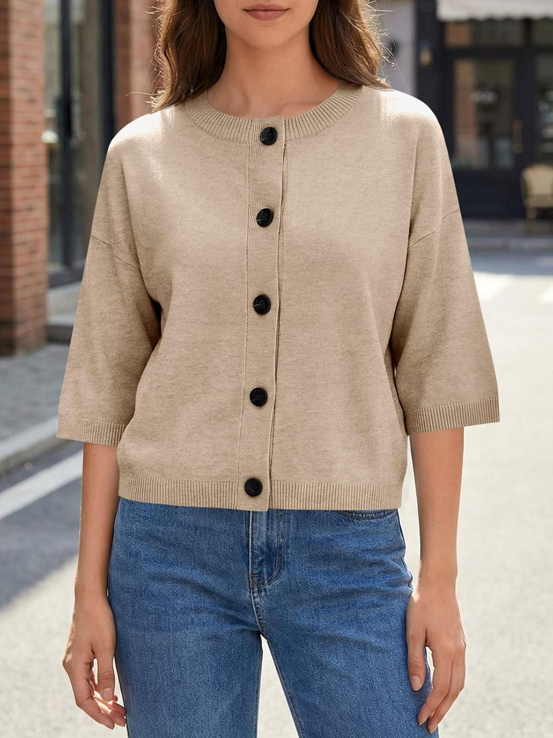 image:imageSaodimallsu Womens Short Sleeve Cardigan Sweaters Crew Neck Button Down Lightweight Casual Summer Knit TopsKhaki