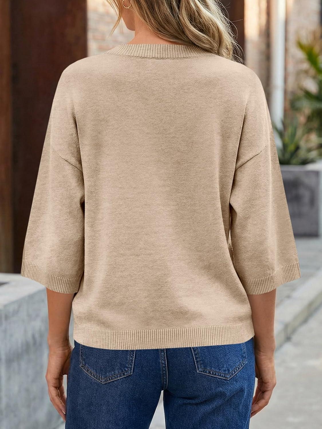 image:imageSaodimallsu Womens Short Sleeve Cardigan Sweaters Crew Neck Button Down Lightweight Casual Summer Knit TopsKhaki