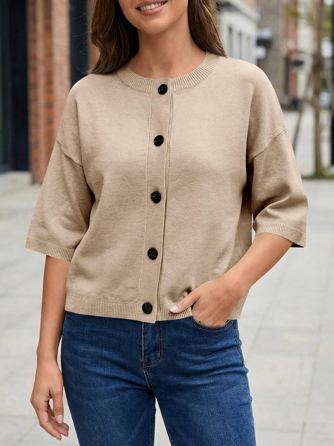 image:imageSaodimallsu Womens Short Sleeve Cardigan Sweaters Crew Neck Button Down Lightweight Casual Summer Knit TopsKhaki