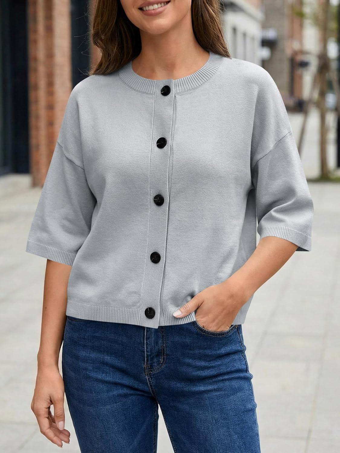 image:imageSaodimallsu Womens Short Sleeve Cardigan Sweaters Crew Neck Button Down Lightweight Casual Summer Knit TopsLight Gray