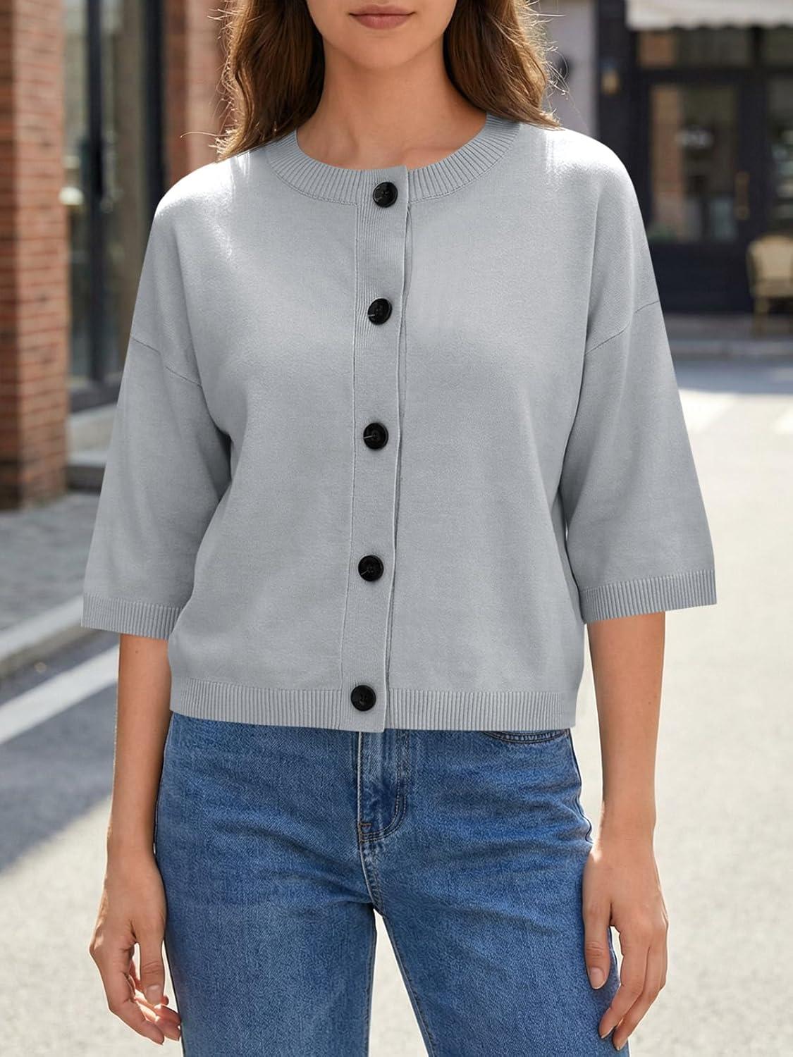 image:imageSaodimallsu Womens Short Sleeve Cardigan Sweaters Crew Neck Button Down Lightweight Casual Summer Knit TopsLight Gray