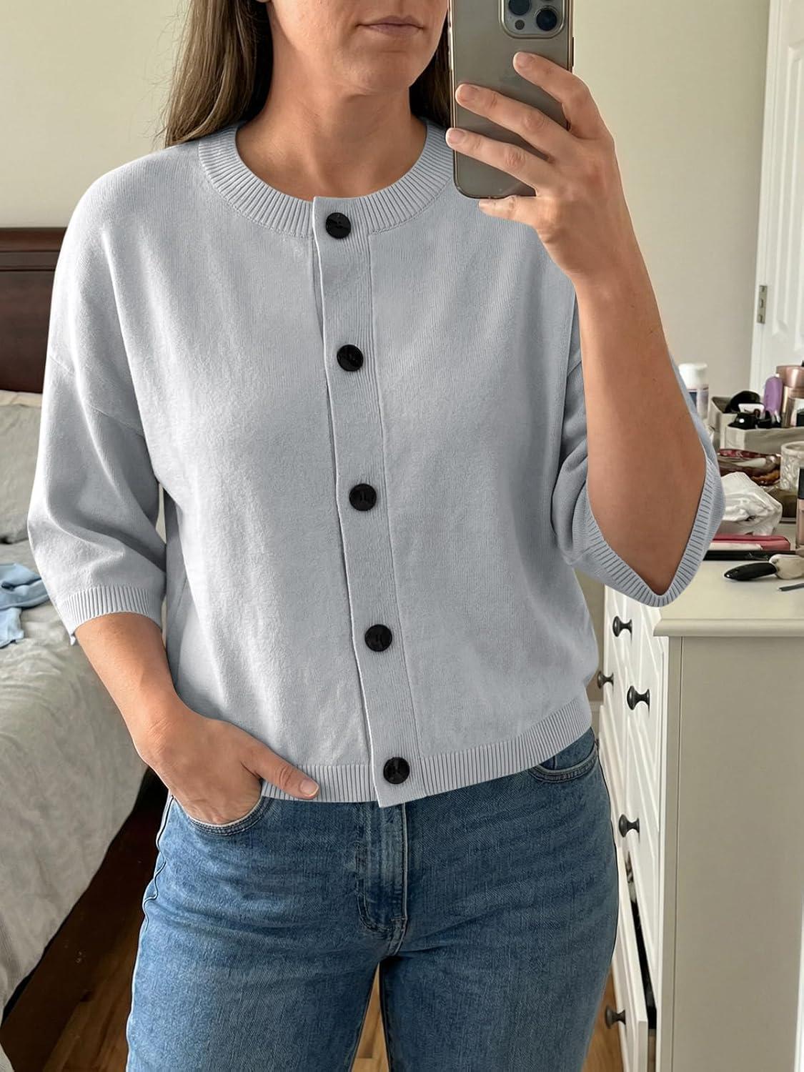image:imageSaodimallsu Womens Short Sleeve Cardigan Sweaters Crew Neck Button Down Lightweight Casual Summer Knit TopsLight Gray