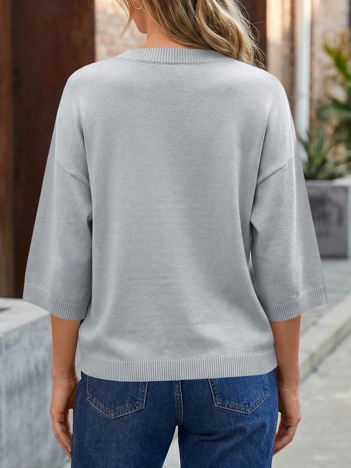image:imageSaodimallsu Womens Short Sleeve Cardigan Sweaters Crew Neck Button Down Lightweight Casual Summer Knit TopsLight Gray