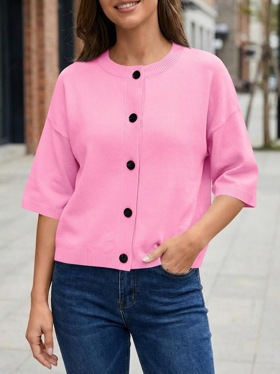image:imageSaodimallsu Womens Short Sleeve Cardigan Sweaters Crew Neck Button Down Lightweight Casual Summer Knit TopsPink