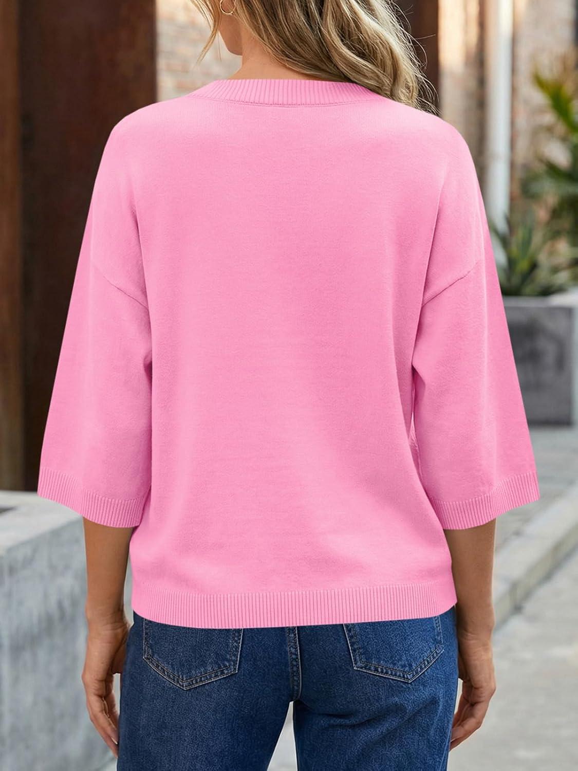 image:imageSaodimallsu Womens Short Sleeve Cardigan Sweaters Crew Neck Button Down Lightweight Casual Summer Knit TopsPink