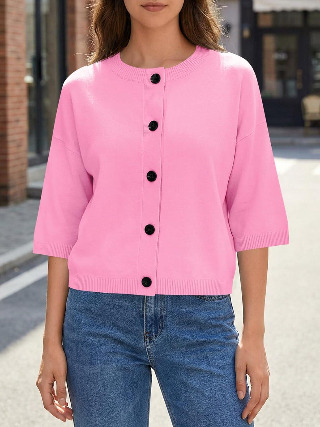 image:imageSaodimallsu Womens Short Sleeve Cardigan Sweaters Crew Neck Button Down Lightweight Casual Summer Knit TopsPink