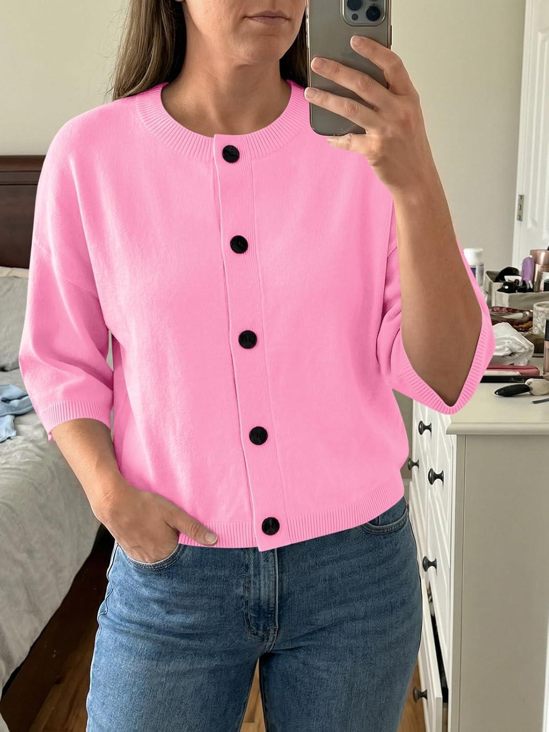 image:imageSaodimallsu Womens Short Sleeve Cardigan Sweaters Crew Neck Button Down Lightweight Casual Summer Knit TopsPink
