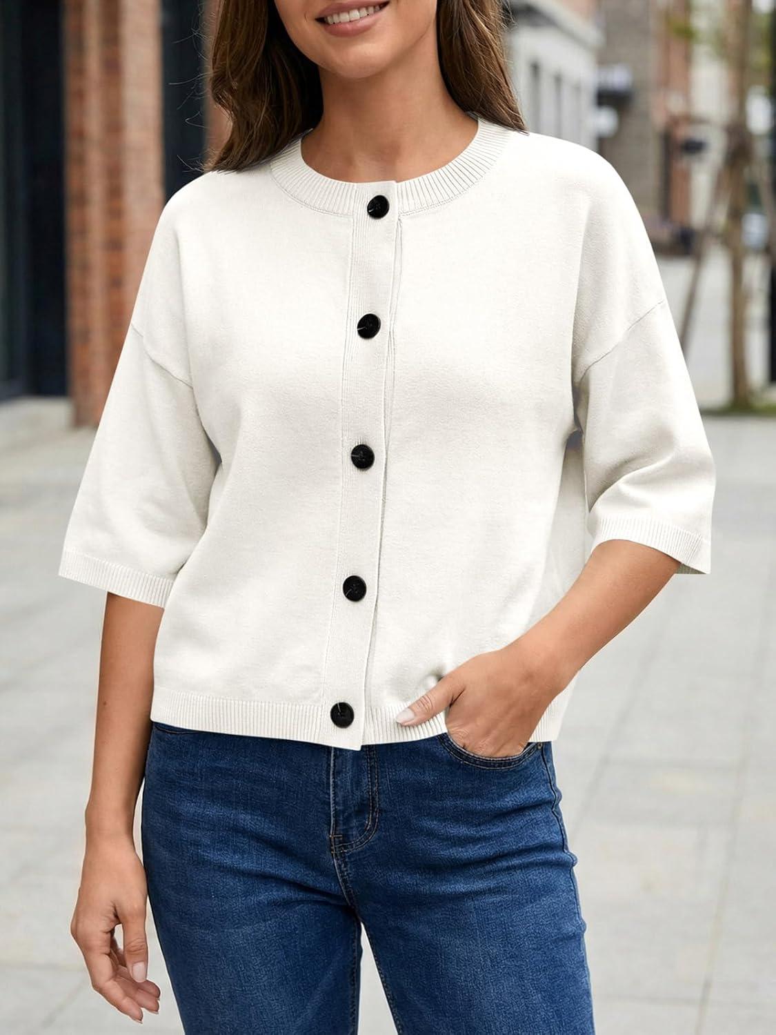 image:imageSaodimallsu Womens Short Sleeve Cardigan Sweaters Crew Neck Button Down Lightweight Casual Summer Knit TopsWhite