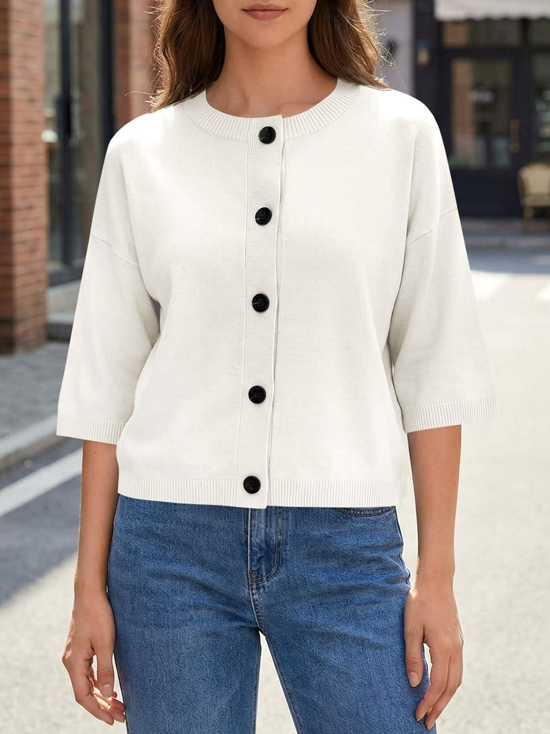 image:imageSaodimallsu Womens Short Sleeve Cardigan Sweaters Crew Neck Button Down Lightweight Casual Summer Knit TopsWhite