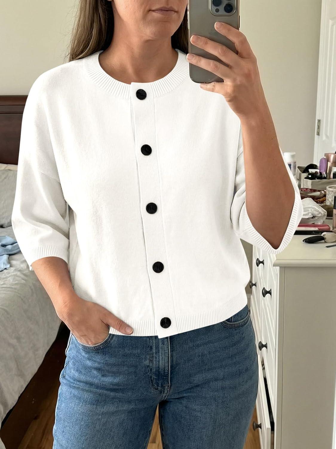 image:imageSaodimallsu Womens Short Sleeve Cardigan Sweaters Crew Neck Button Down Lightweight Casual Summer Knit TopsWhite