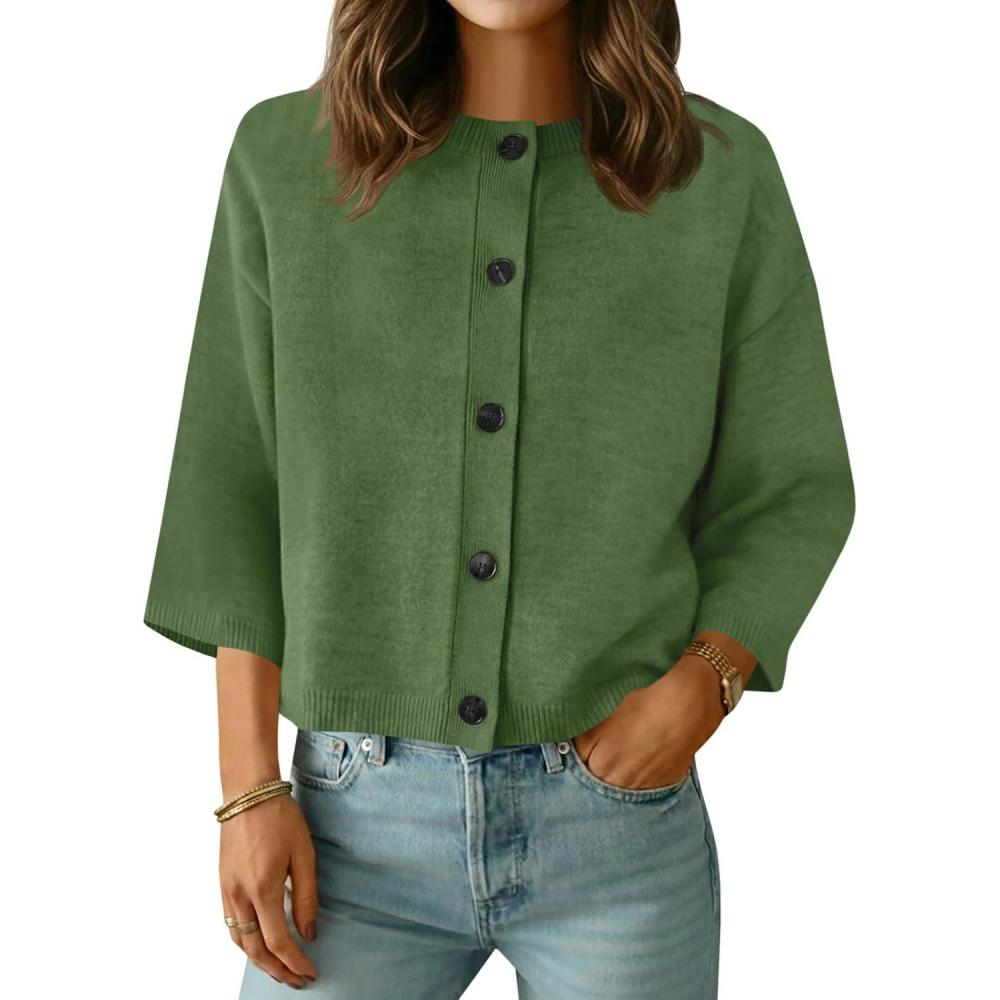 image:imageSaodimallsu Womens Short Sleeve Cardigan Sweaters Crew Neck Button Down Lightweight Casual Summer Knit TopsArmy Green