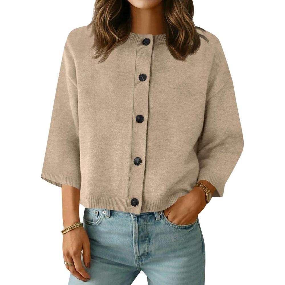 image:imageSaodimallsu Womens Short Sleeve Cardigan Sweaters Crew Neck Button Down Lightweight Casual Summer Knit TopsKhaki