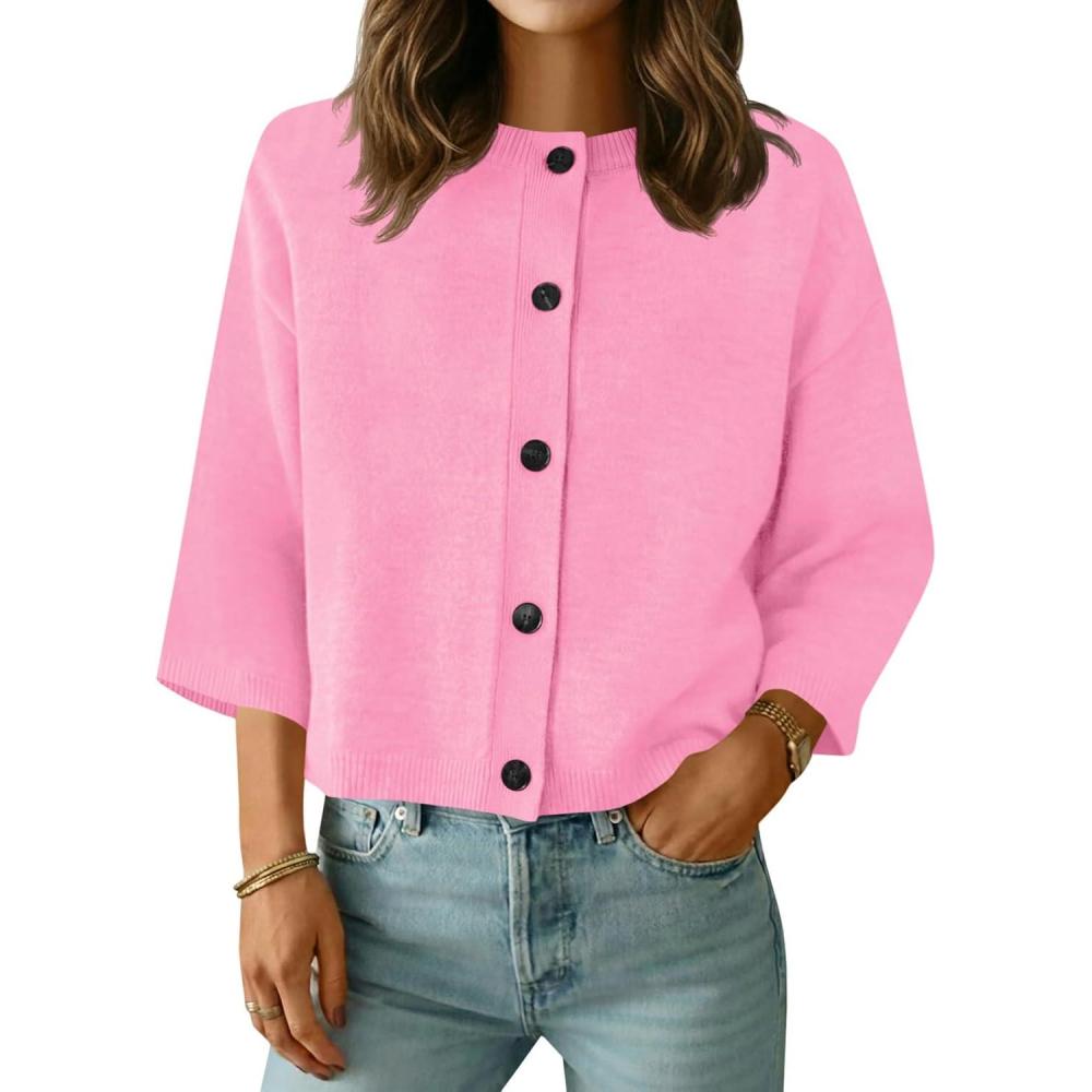 image:imageSaodimallsu Womens Short Sleeve Cardigan Sweaters Crew Neck Button Down Lightweight Casual Summer Knit TopsPink