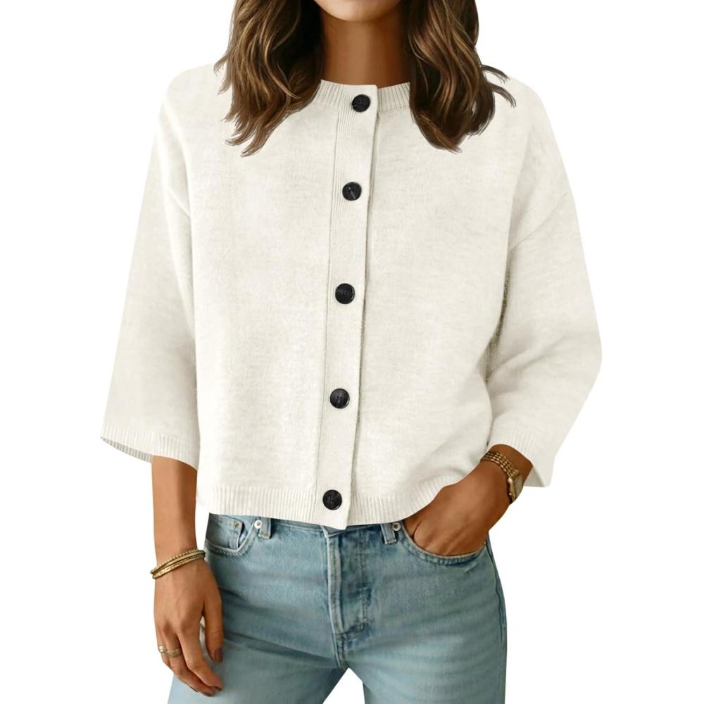 image:imageSaodimallsu Womens Short Sleeve Cardigan Sweaters Crew Neck Button Down Lightweight Casual Summer Knit TopsWhite