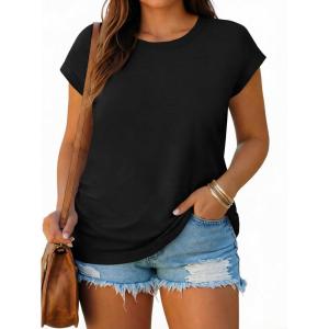 Beautife Womens Plus Size T Shirts Cap Short Sleeve Ruched Summer Tops Casual Crew Neck Loose Fit Tee Shirts(Black)