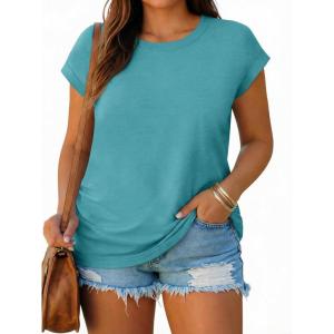 Beautife Womens Plus Size T Shirts Cap Short Sleeve Ruched Summer Tops Casual Crew Neck Loose Fit Tee Shirts(Lake Blue)