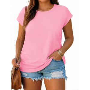 Beautife Womens Plus Size T Shirts Cap Short Sleeve Ruched Summer Tops Casual Crew Neck Loose Fit Tee Shirts(Pink)